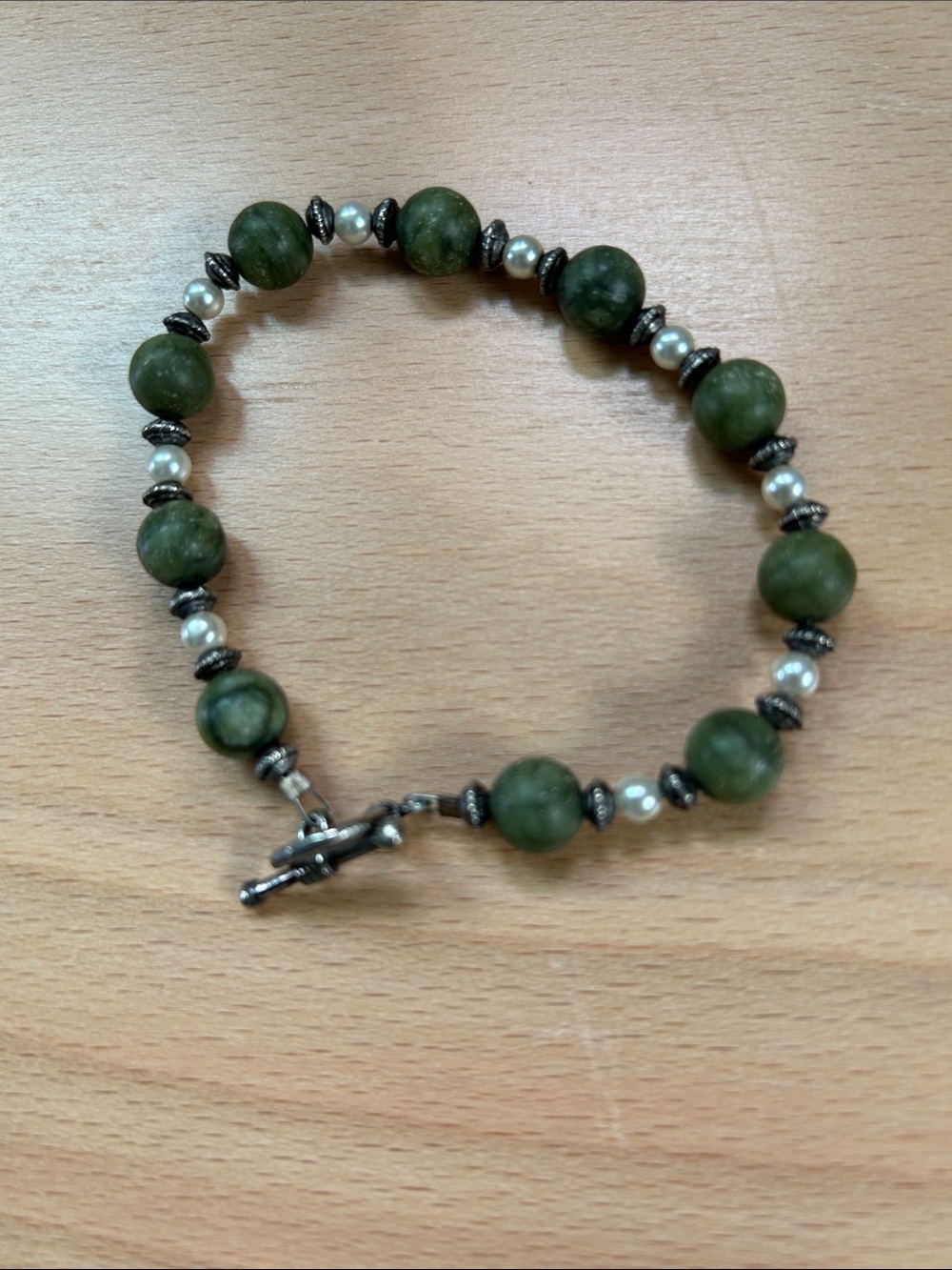 Olive Green Beaded Bracelet with Silver Accents
